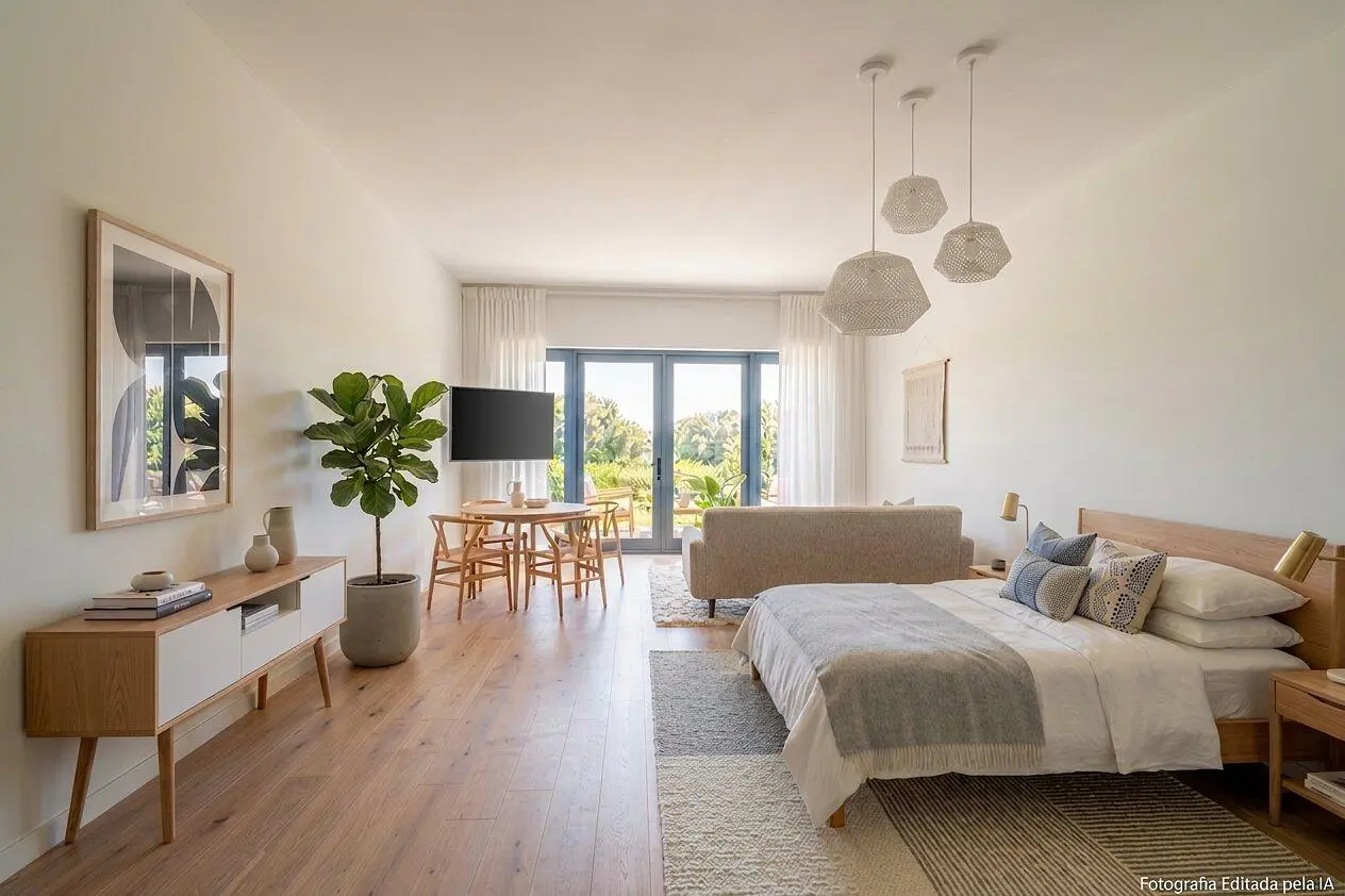Ložnice; dřevěná podlaha, přirozené světlo, moderní styl