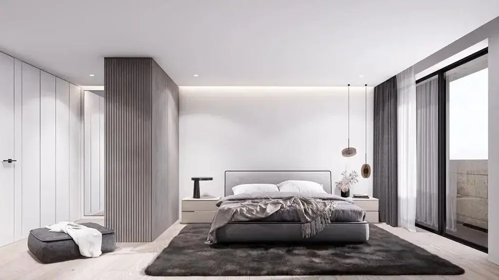 Camera da letto; luce naturale, stile moderno, pavimento in legno