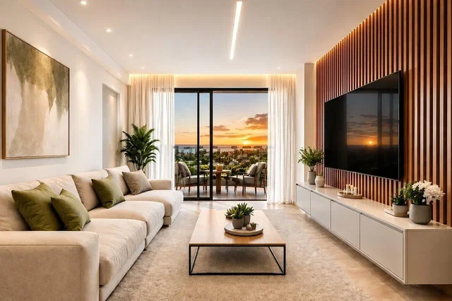 Living room; view, natural light, modern style, wood beams