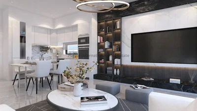 Living room; tile floor, natural light, modern style, kitchen appliances