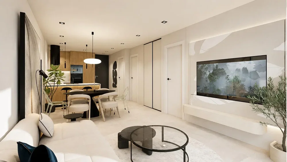 Wohnzimmer; tageslicht, moderner stil, holzboden