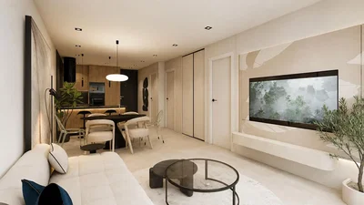 Wohnzimmer; tageslicht, moderner stil, holzboden