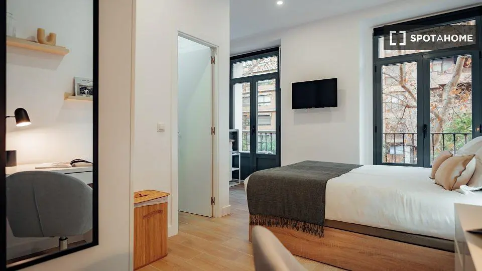 Camera da letto; pavimento in legno, luce naturale, stile moderno