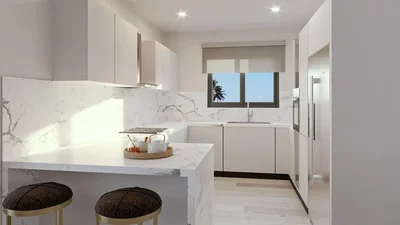 Cuisine; électroménager, lumière naturelle, style moderne, rénové, parquet