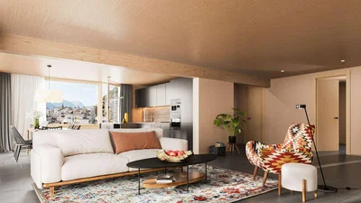 Salón; vista, vigas de madera, luz natural, estilo moderno