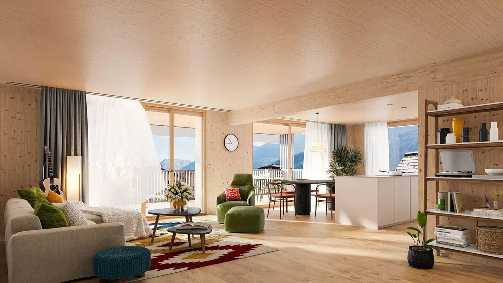 Salón; vista, luz natural, estilo moderno, suelo de madera, vigas de madera
