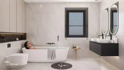 Bathroom; renovated, natural light, modern style, tile floor