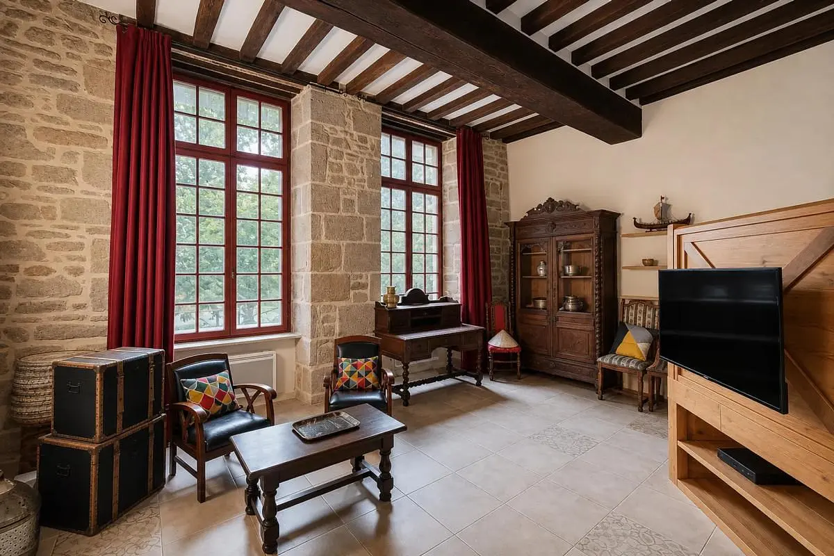 Living room; wood beams, wood floor, natural light, rustic style
