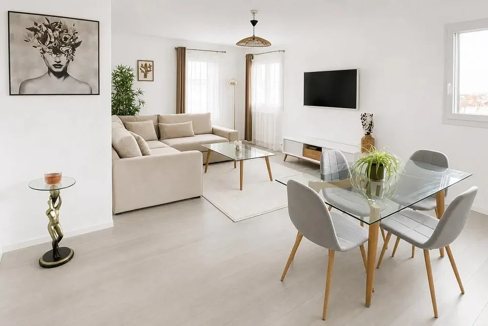 Soggiorno; luce naturale, stile moderno, pavimento in piastrelle