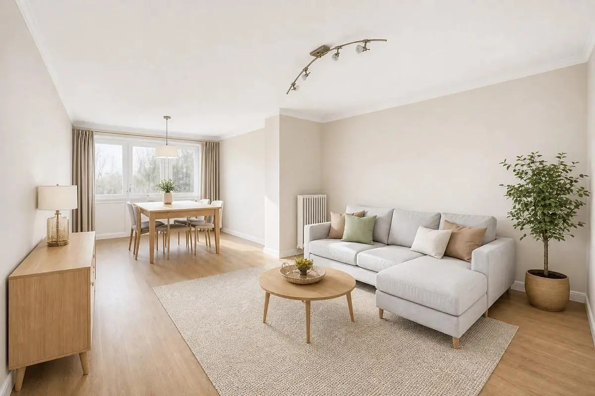 Wohnzimmer; tageslicht, holzboden, moderner stil