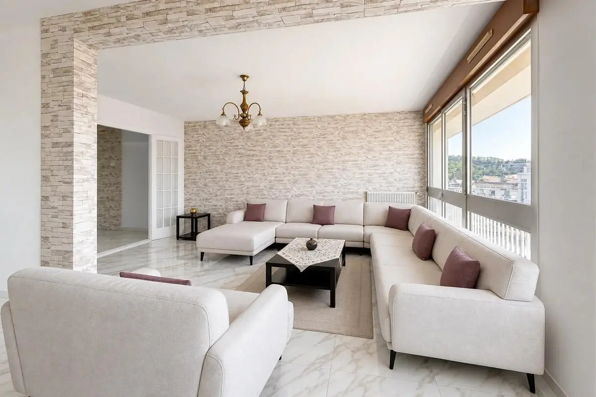 Living room; natural light, modern style, tile floor