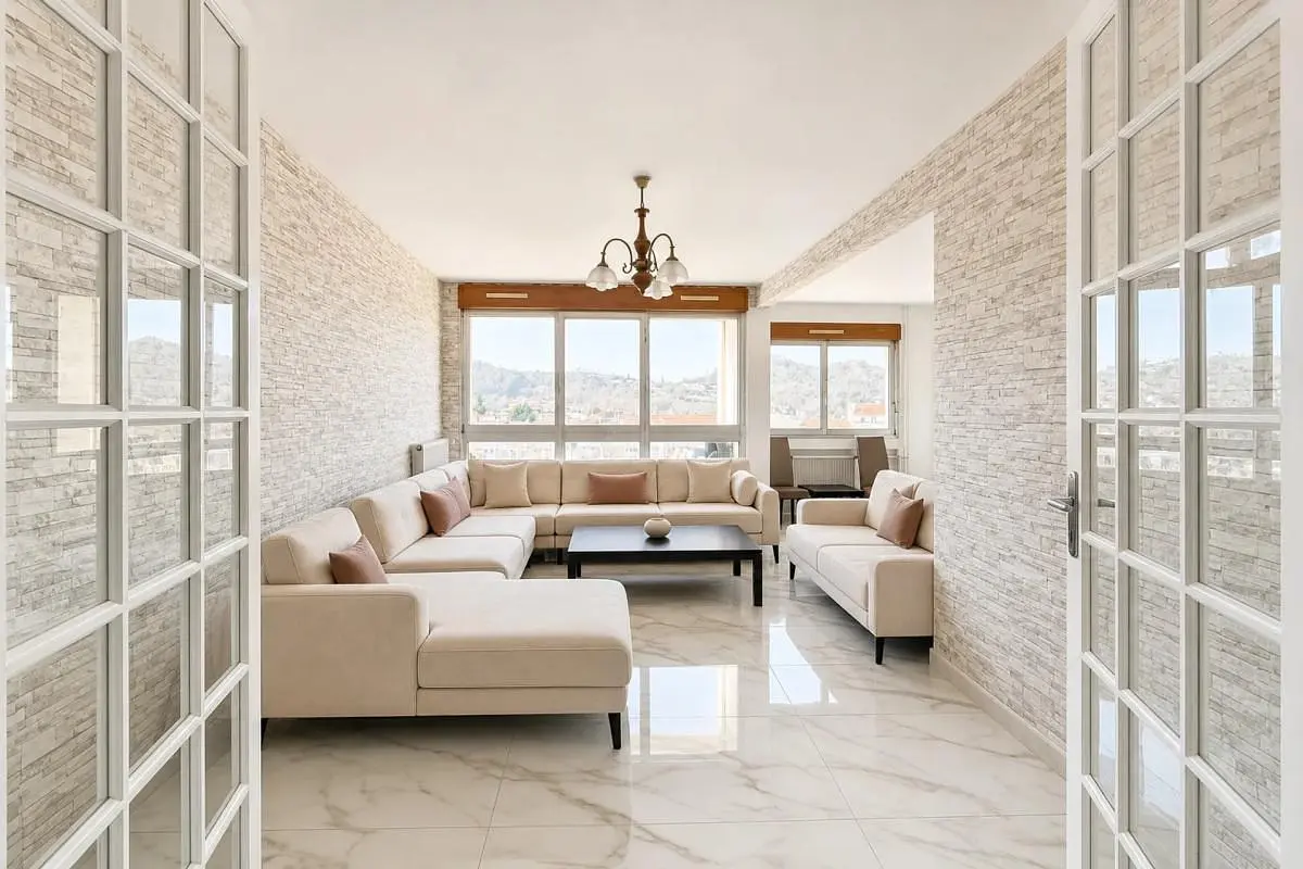 Living room; natural light, tile floor, view