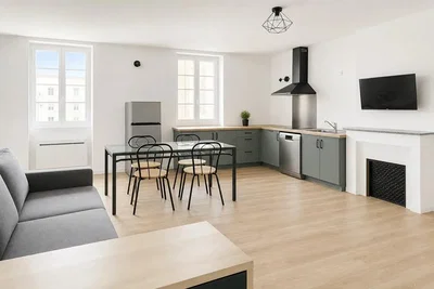 Obývací pokoj; kuchyňské spotřebiče, přirozené světlo, dřevěná podlaha, moderní styl