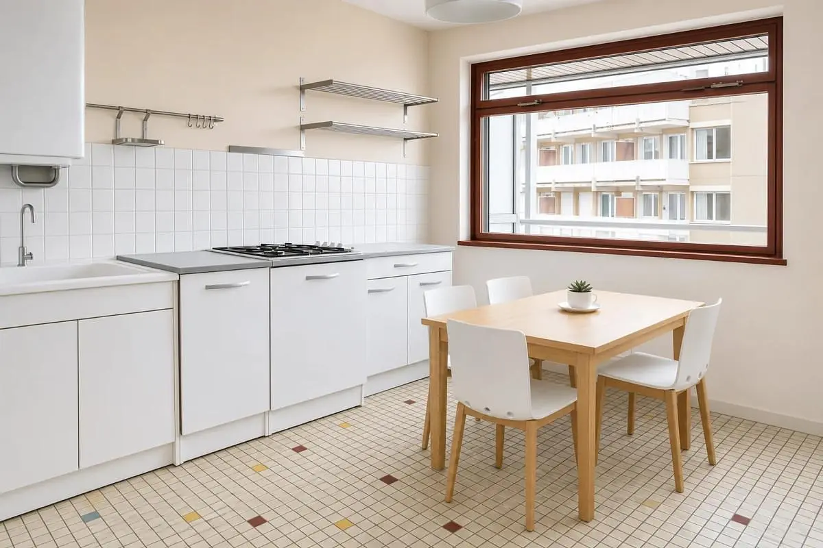 Kuchnia; podłoga z płytek, światło dzienne