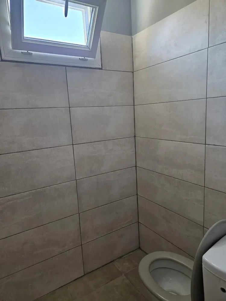 Toilet; tile floor, natural light