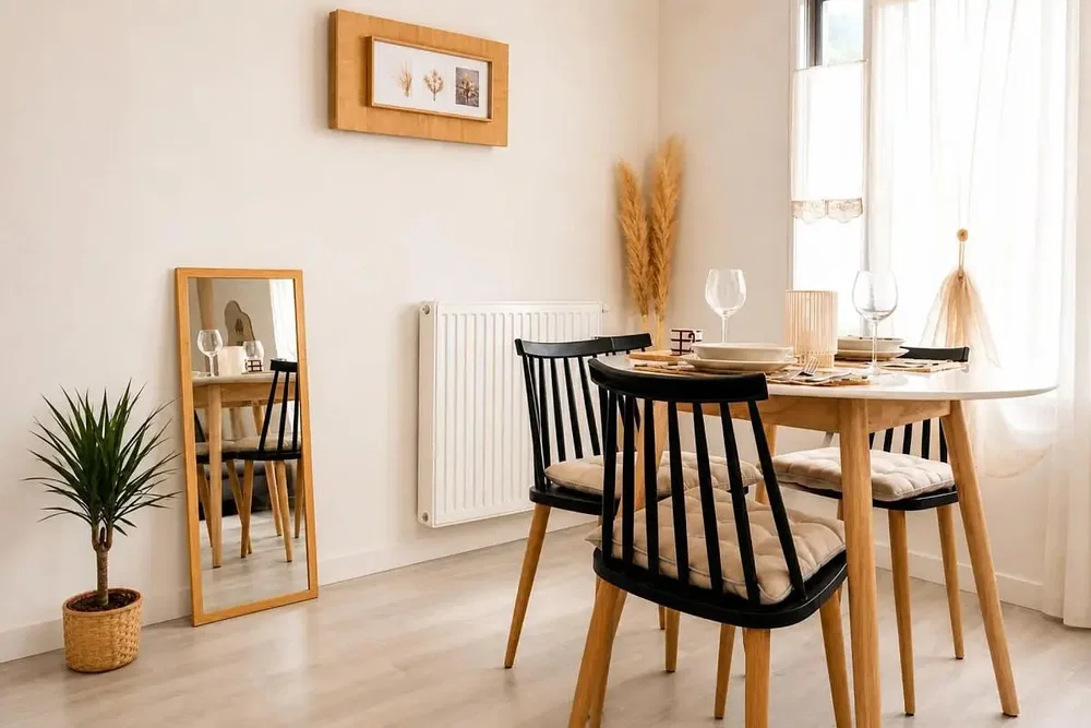 Woonkamer; houten vloer, natuurlijk licht, moderne stijl