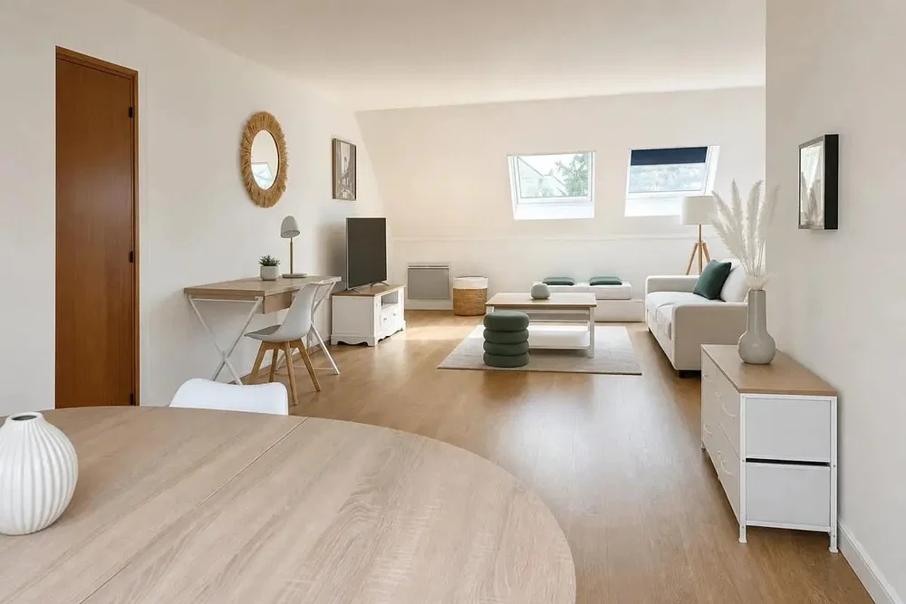 Woonkamer; natuurlijk licht, moderne stijl, houten vloer