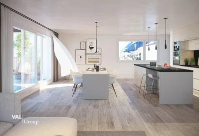 Kitchen; kitchen appliances, wood floor, natural light, modern style