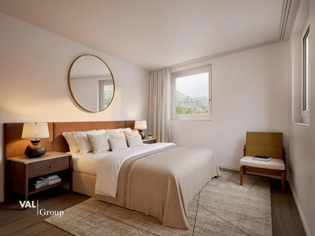 Dormitorio; suelo de madera, luz natural, estilo moderno