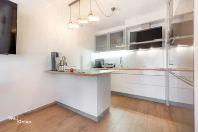 Kitchen; kitchen appliances, wood floor, natural light, modern style