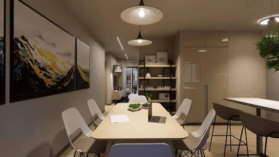 Jídelna; moderní styl, dřevěná podlaha, přirozené světlo