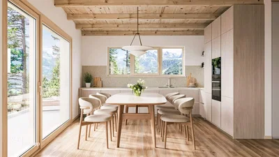 Cuisine; vue, électroménager, lumière naturelle, poutres en bois, parquet, style moderne