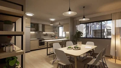 Kuchyně; kuchyňské spotřebiče, přirozené světlo, moderní styl, dřevěná podlaha