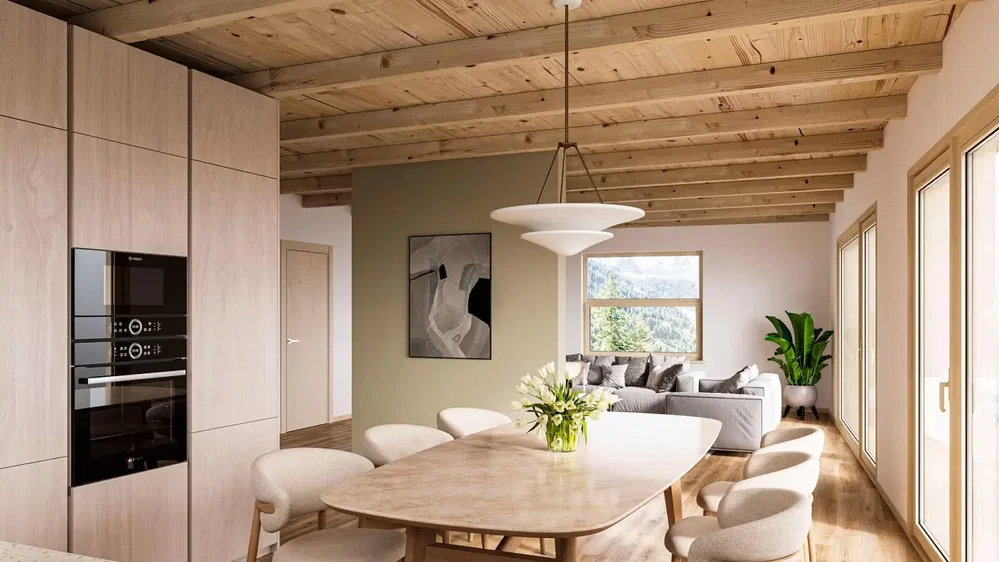 Salon; poutres en bois, lumière naturelle, style moderne, parquet, électroménager