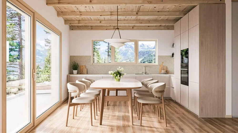 Cuisine; vue, électroménager, poutres en bois, parquet, lumière naturelle, style moderne