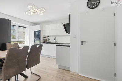Kitchen; kitchen appliances, wood floor, natural light, modern style