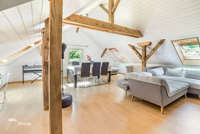 Sala de estar; vigas de madeira, chão de madeira, luz natural
