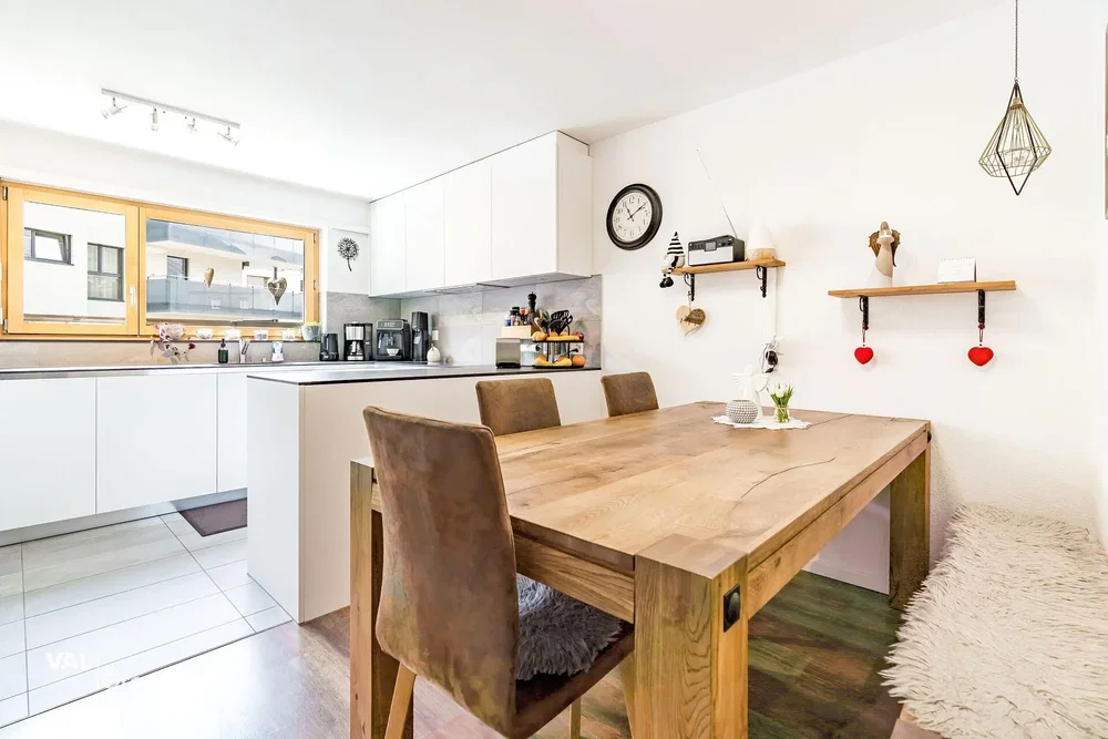 Kitchen; kitchen appliances, tile floor, natural light, modern style