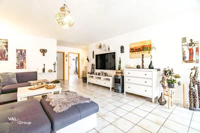 Living room; tile floor, natural light, rustic style