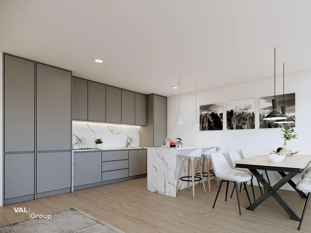 Keuken; keukenapparatuur, houten vloer, natuurlijk licht, moderne stijl