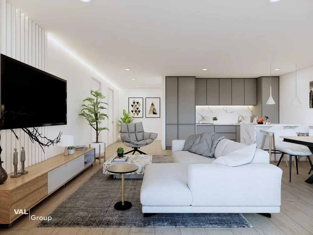 Woonkamer; moderne stijl, houten vloer, natuurlijk licht