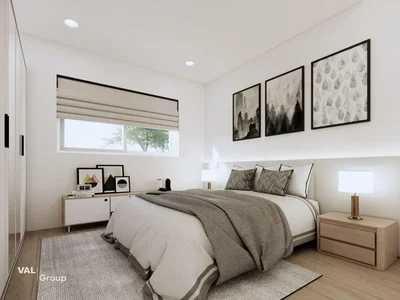 Slaapkamer; natuurlijk licht, houten vloer, moderne stijl