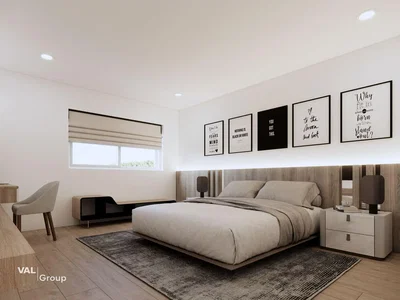 Slaapkamer; houten vloer, natuurlijk licht, moderne stijl