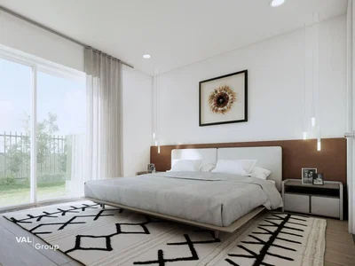 Slaapkamer; natuurlijk licht, houten vloer, moderne stijl