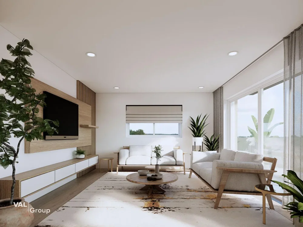 Woonkamer; natuurlijk licht, houten vloer, moderne stijl