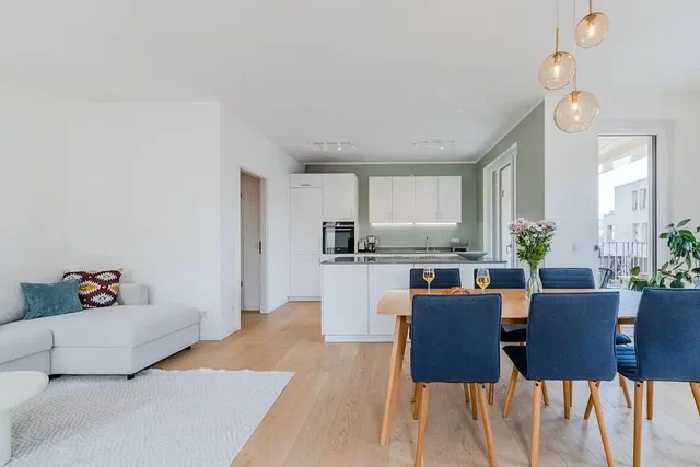 Living room; wood floor, natural light, modern style, kitchen appliances