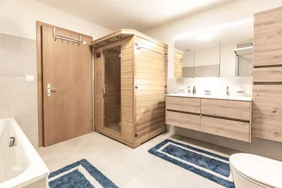 Bathroom; wood floor, tile floor, natural light, renovated