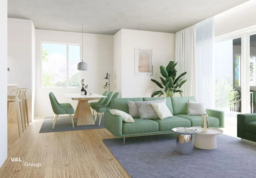 Salón; suelo de madera, luz natural, estilo moderno