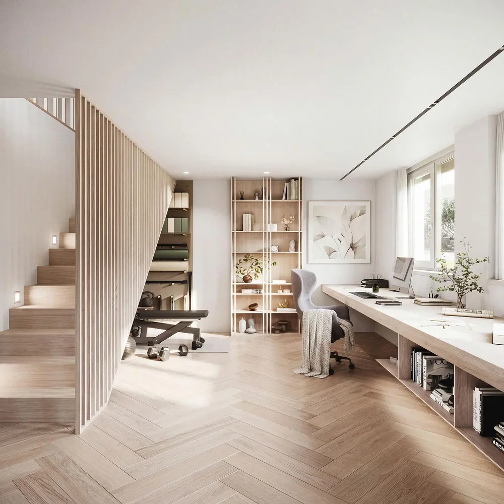 Salon; parquet, lumière naturelle, style moderne