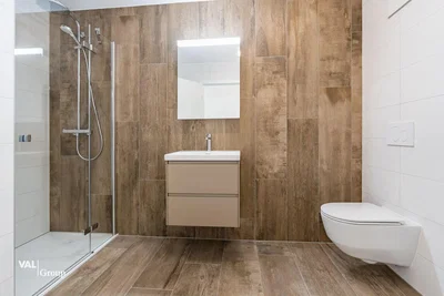 Bathroom; tile floor, wood floor, renovated, natural light