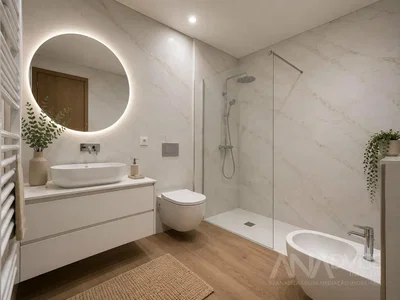 Salle de bain; rénové, lumière naturelle, carrelage, parquet