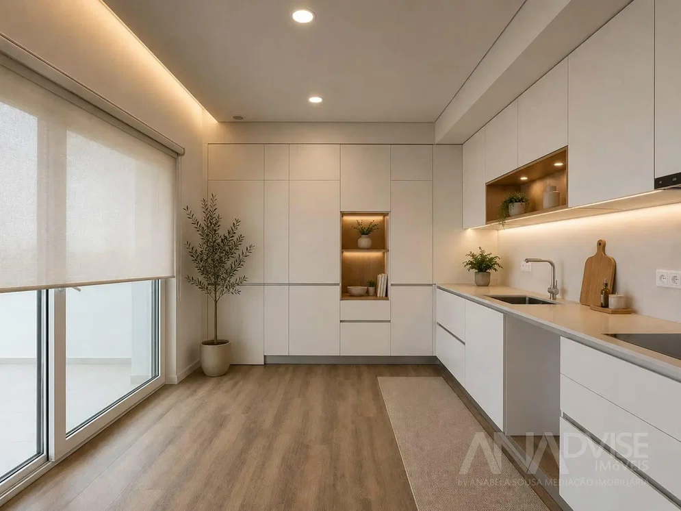 Cuisine; électroménager, parquet, lumière naturelle, style moderne, rénové