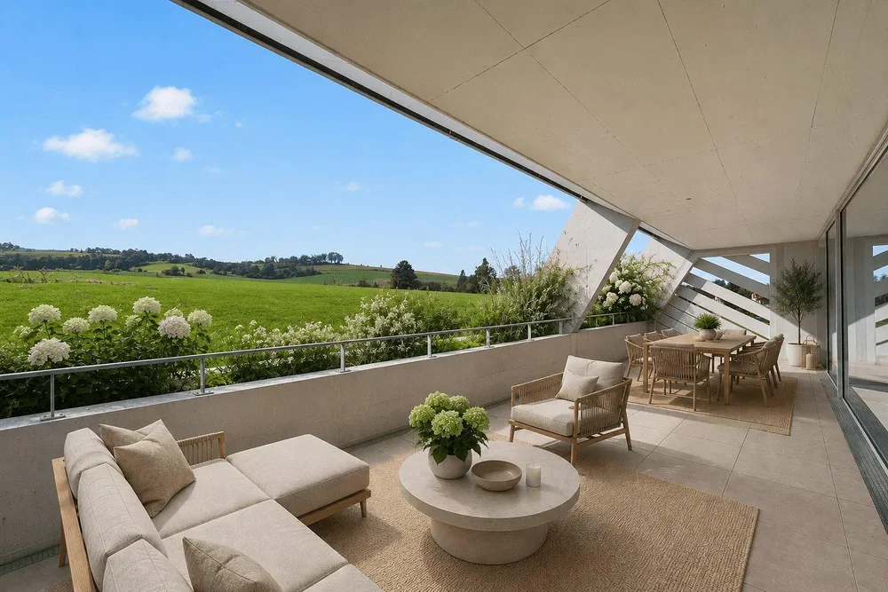 Terrasse; vue, lumière naturelle, style moderne, carrelage