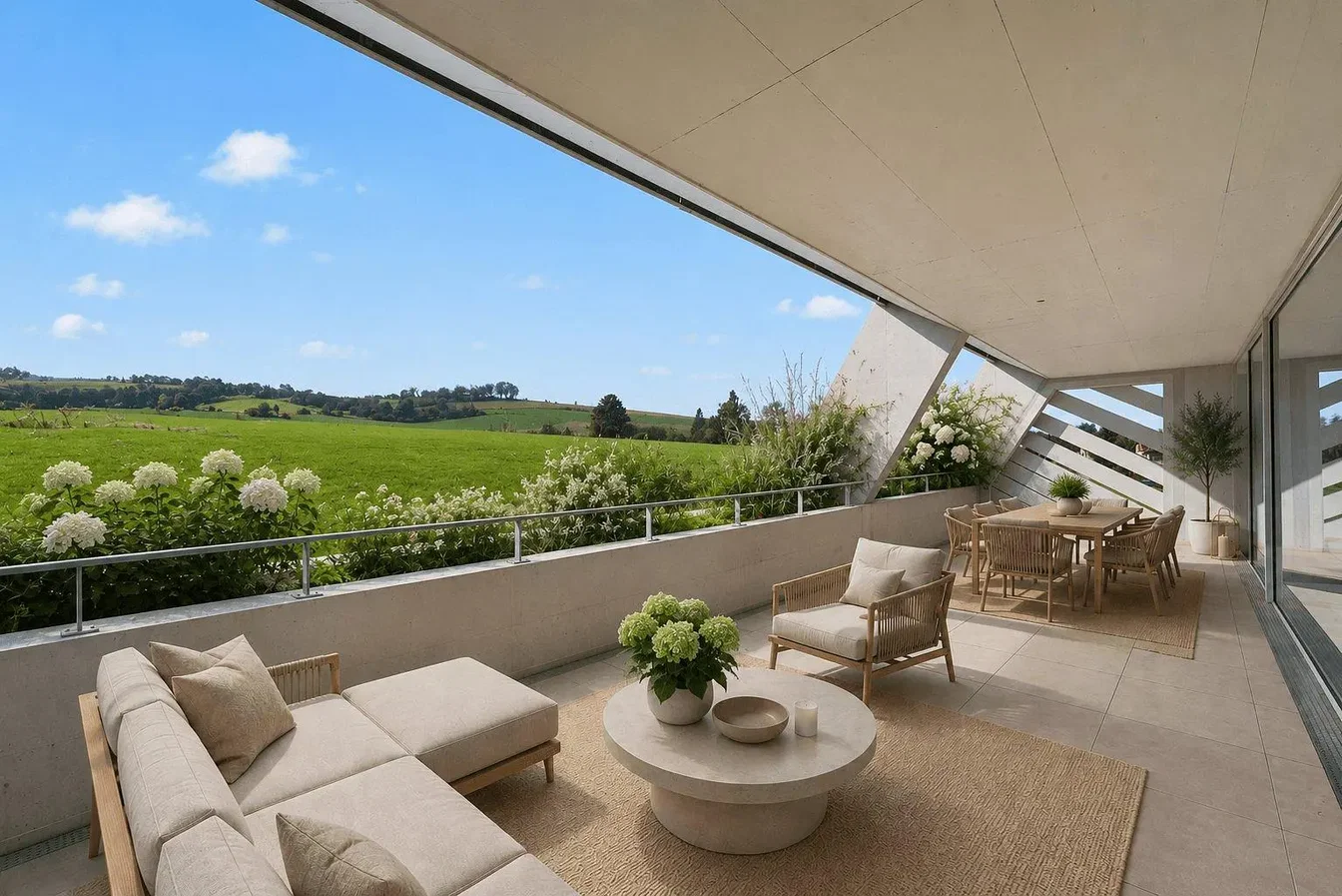 Terrasse; vue, lumière naturelle, style moderne, carrelage