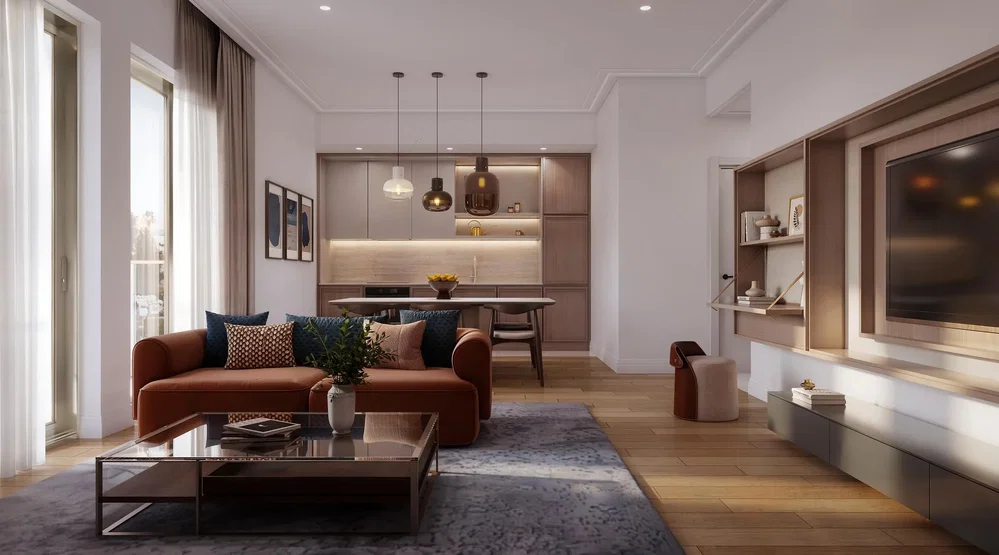 Living room; wood floor, natural light, modern style