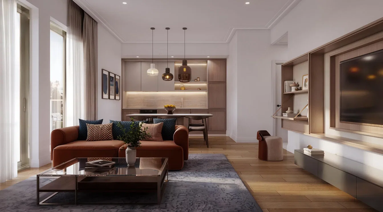 Living room; wood floor, natural light, modern style